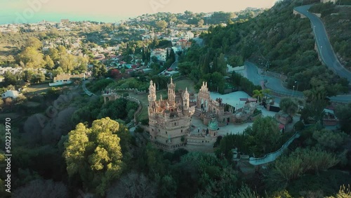 Aerial 4K video from drone to Colomares Monument Castle dedicated to Christopher Columbus. Benalmadena, Malaga, Andalusia, Spain, Europe. photo