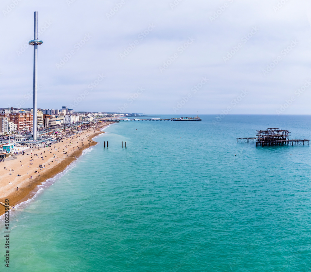 An aerial view along the seashore at Brighton. UK in early summertime