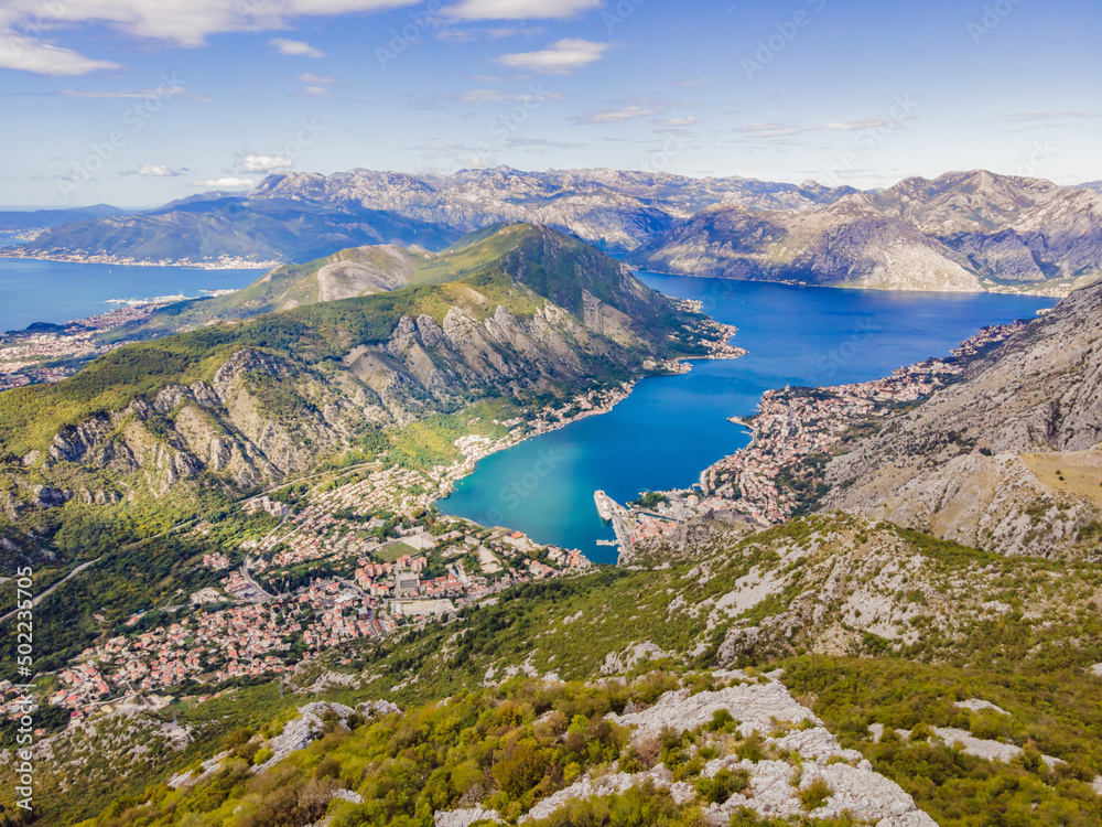 Montenegro. Bay of Kotor, Gulf of Kotor, Boka Kotorska and walled old city. Fortifications of Kotor is on UNESCO World Heritage List since 1979