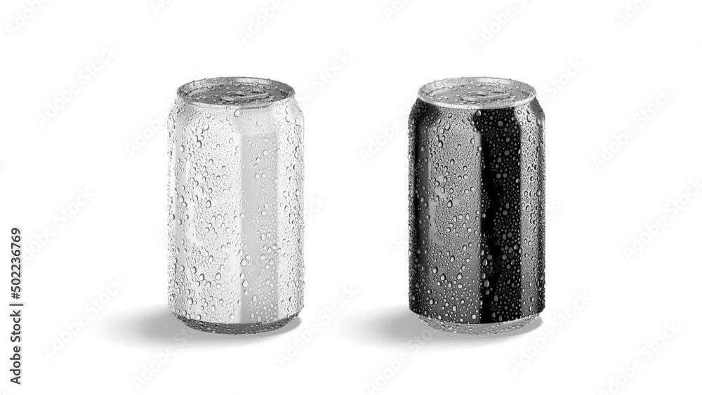 Blank black and white soda can drops mockup, looped rotation Blank black and white soda can drops mockup, looped rotation