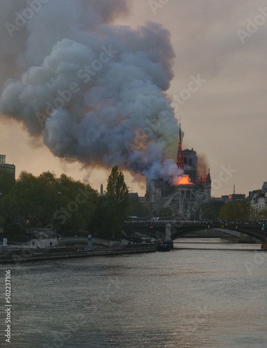 The Seine river and Notre Dame de Paris burning in the background. Paris, France the 15th April 2019.