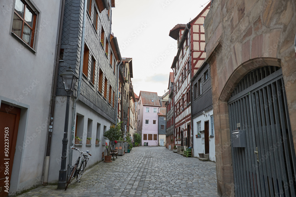 Old street in Furth, Germany. Architecture and landmark of Germany with facрwerk houses