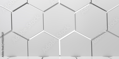3d background .Pattern white hexagon podium with spotlights.3d rendering