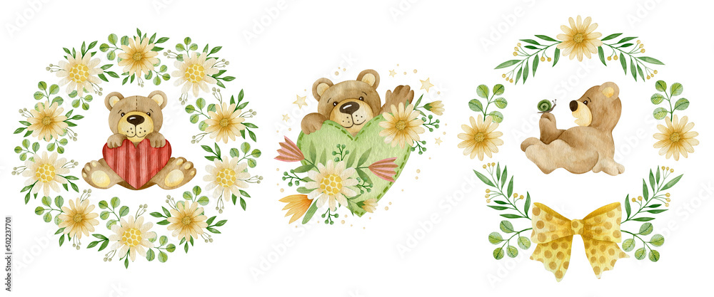 Set of watercolor illustrations of a wreath, a bouquet of flowers and a bear