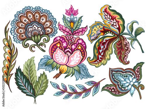 Quadro su tela Floral decorative element in jacobean embroidery illustration oriental style, fa
