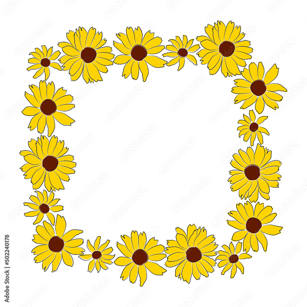 Fototapeta premium Border of open heliopsis blossom vector color illustration isolated on white background. Vector sketch style top view hand drawing of wild, heliopsis, false sunflower.
