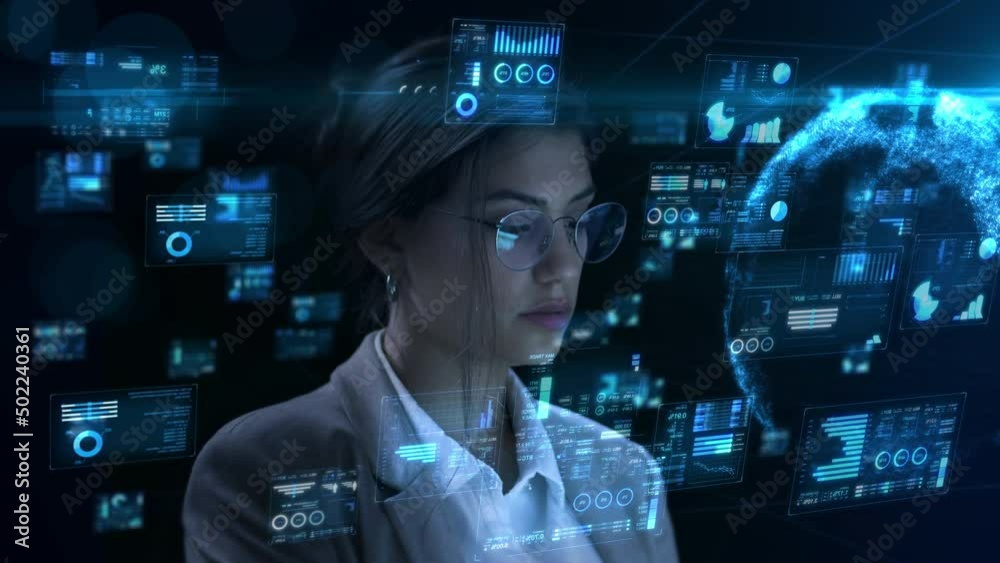 Business And Technology Concept. Businesswoman Wearing Eyeglasses Working on Holographic Financial Animated Screens. Communication Network. Graphical User Interface, Internet Of Things, AR. Business And Technology Concept. Businesswoman Wearing Eyeglasses Working on Holographic Financial Animated Screens. Communication Network. Graphical User Interface, Internet Of Things, AR.