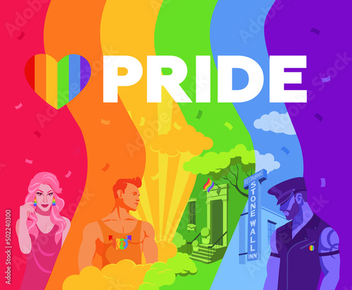 Colorful vector illustration for Pride Month and Pride Day celebrations featuring gay man , transsexual, drug queen, Greenwich valley and Stonewall inn bar with flag background
