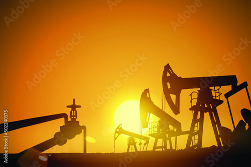 Oil field over sunset. Vector illustration. Gas industry. Dark silhouette drilling rig.