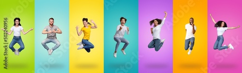 Joyful diverse group jumping up on colorful backgrounds, collage