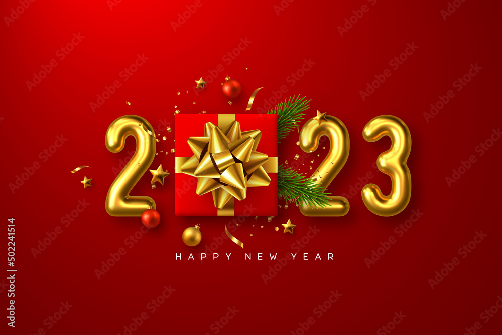2023 Happy New Year. Realistic gift box with decorative elements and 3d metallic numbers on red background. Vector illustration.