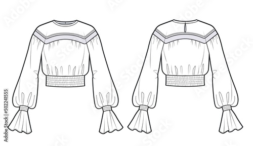 Women's Blouse with balloon sleeves fashion CAD. Girl's wrapped Top with frills and waistband fashion flat technical sketch template, front, back view, white color.