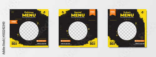 Set of social media post template for food menu promotion design. Collection template design with dark background