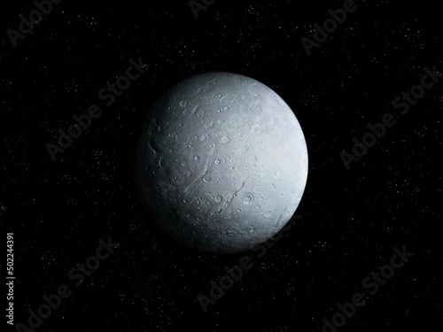 Stone Planet With Craters Of Meteors Isolated On Black Background. Dwarf planet, planetary satellite. 