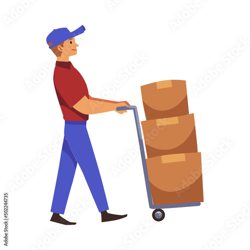 Loader or delivery man transports boxes on trolley, flat vector isolated.