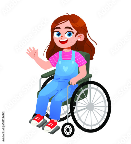 Cute  Smiling Child with Disabilities Set, Flat Vector Illustration Girl in Wheel Chair. Children in wheelchair unhealthy people handicapped vector people. 
