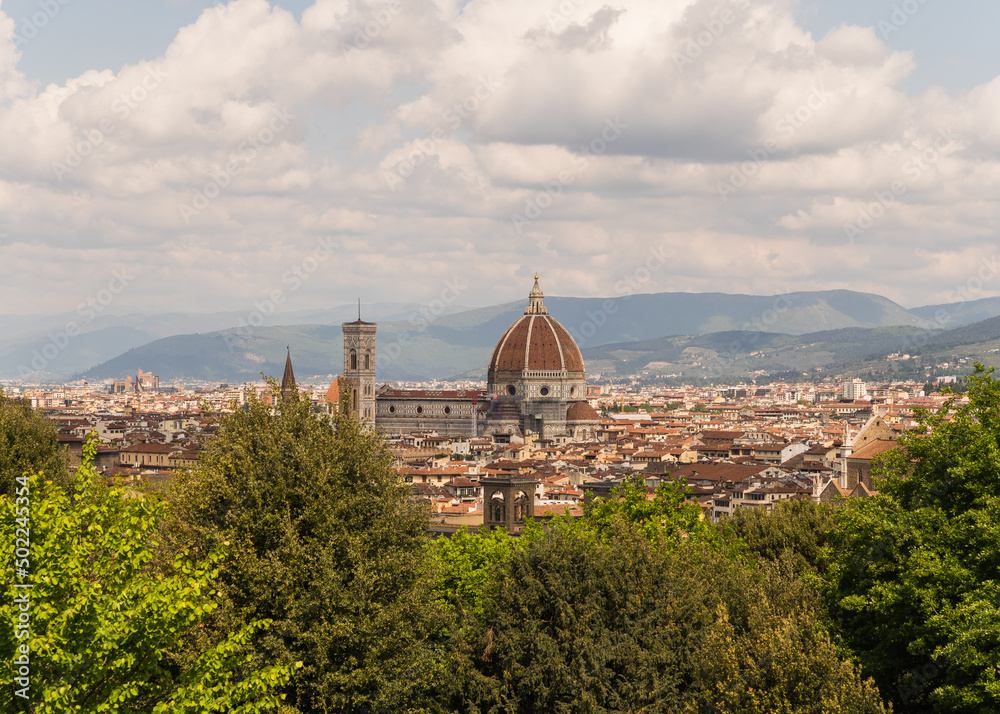 panoramic view of Florence Italy with cathedral and sky with clouds 
