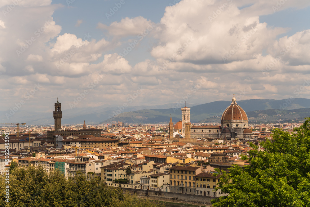 View of the city of Florence in Italy with cathedral and municipal palace tower 