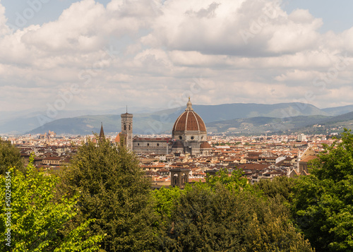 panoramic view of Florence Italy with cathedral and sky with clouds 