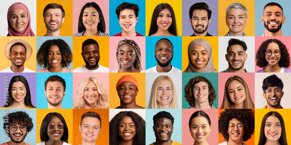 © Prostock-studio - Mosaic of portraits of happy people different ages and nationalities