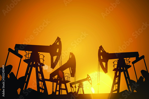 Oil field over sunset. Vector illustration. Gas industry. Dark silhouette drilling rig.