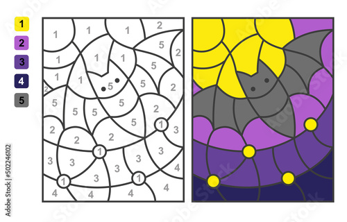 Vector coloring page Color by numbers halloween vampire bat. Puzzle game for children education and activities
