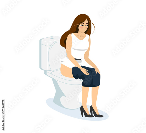 Thoughtful young woman pissing or pooping in WC. Girl sitting on toilet bowl in lavatory. Female person spending time in restroom. Vector isolated eps illustration