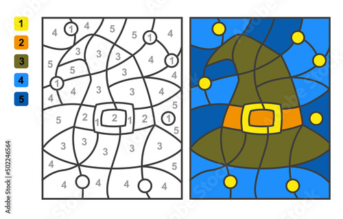 Vector coloring page Color by numbers witch's hat. Puzzle game for children education and activities