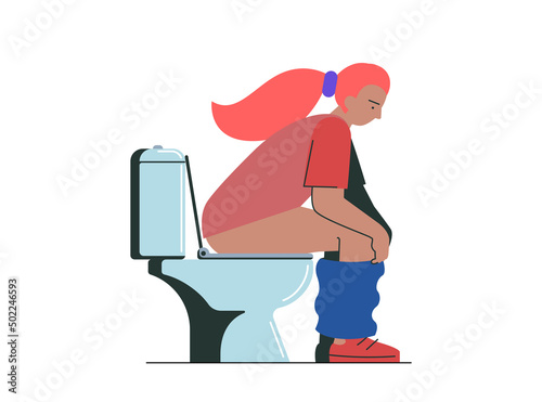 Thoughtful young woman pissing or pooping in WC. Girl sitting on toilet bowl in lavatory. Beautiful female person spending time in restroom. Vector flat eps illustration