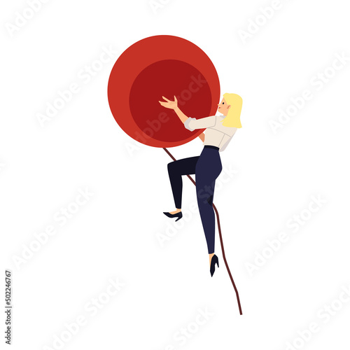 Foto Young energetic woman pushes a red round stone, boulder vector flat illustration isolated on white background