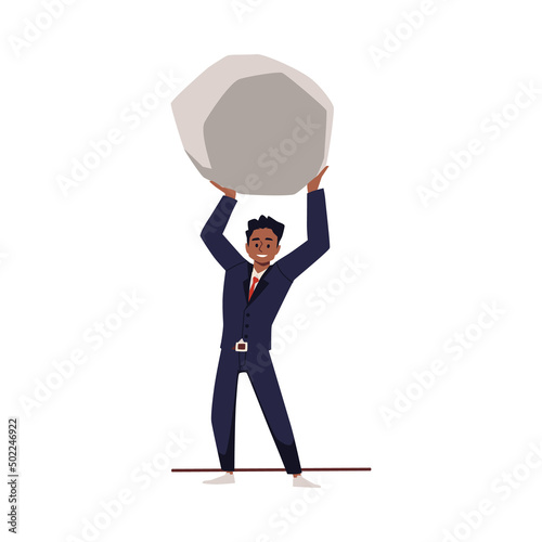 Young energetic man is pushing gray stone, a boulder. Businessman moving towards success, overcoming problems