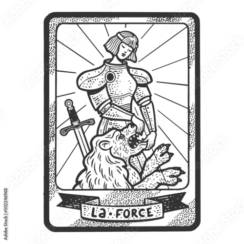 Tarot playing card Force sketch engraving vector illustration. T-shirt apparel print design. Scratch board imitation. Black and white hand drawn image.
