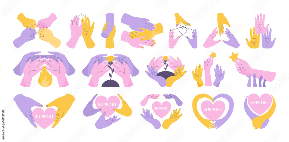 Hands of group of people putting together. Characters supporting each other