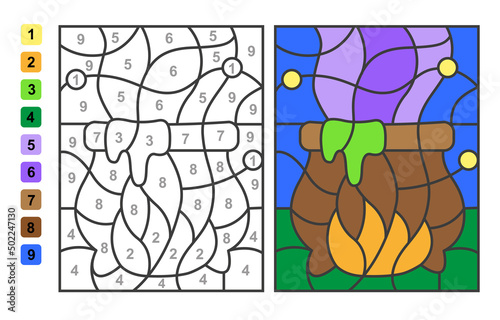 Vector coloring page Color by numbers cauldron of witch's potion. Puzzle game for children education and activities