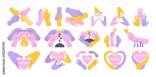 Hands of group of people putting together. Characters supporting each other