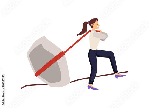 Business woman makes an effort to pull heavy stone, flat vector isolated.