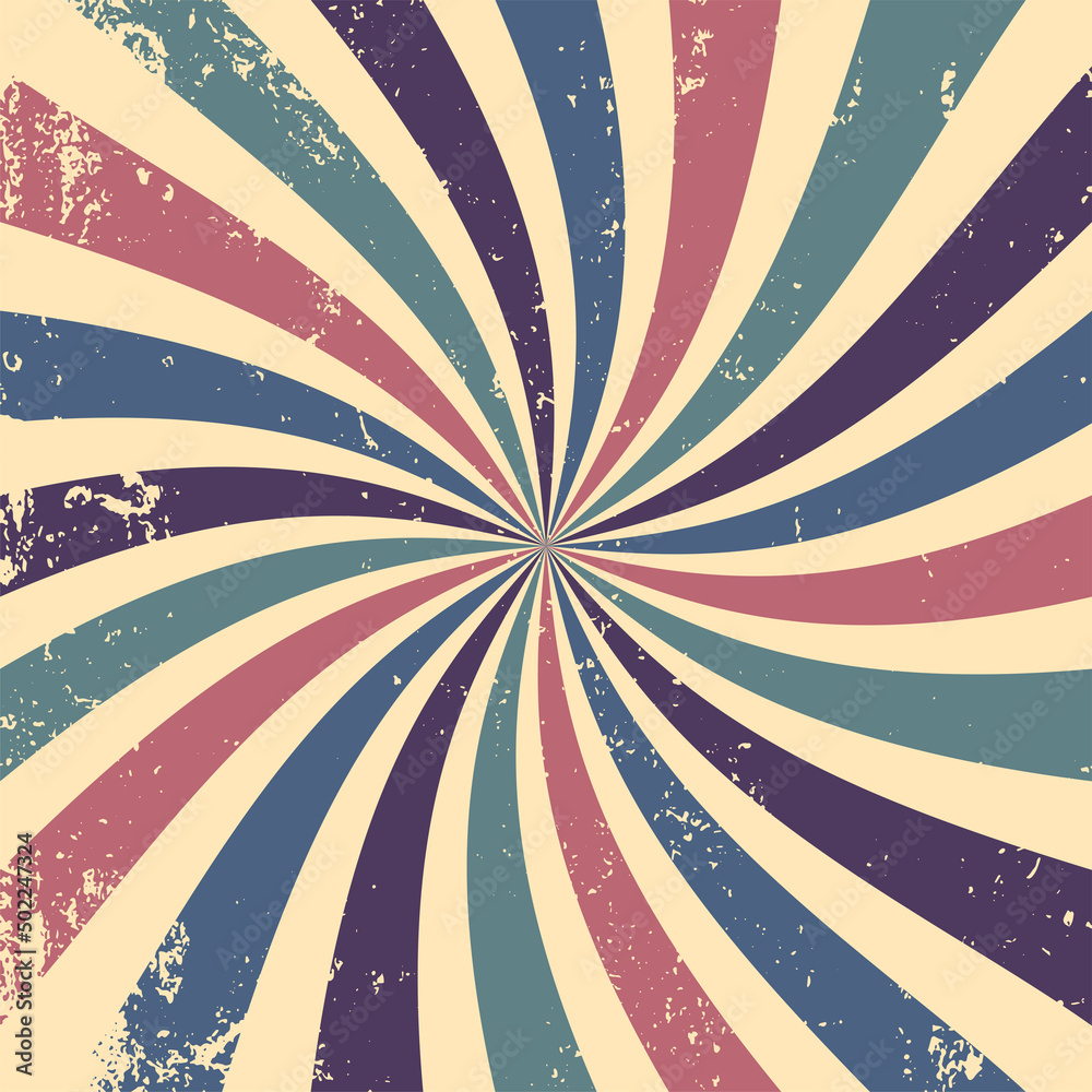 groovy retro starburst sunburst background pattern and grunge textured vintage color palette of blue green pink purple and beige white in spiral or swirled radial striped nostalgic hippy 60s design