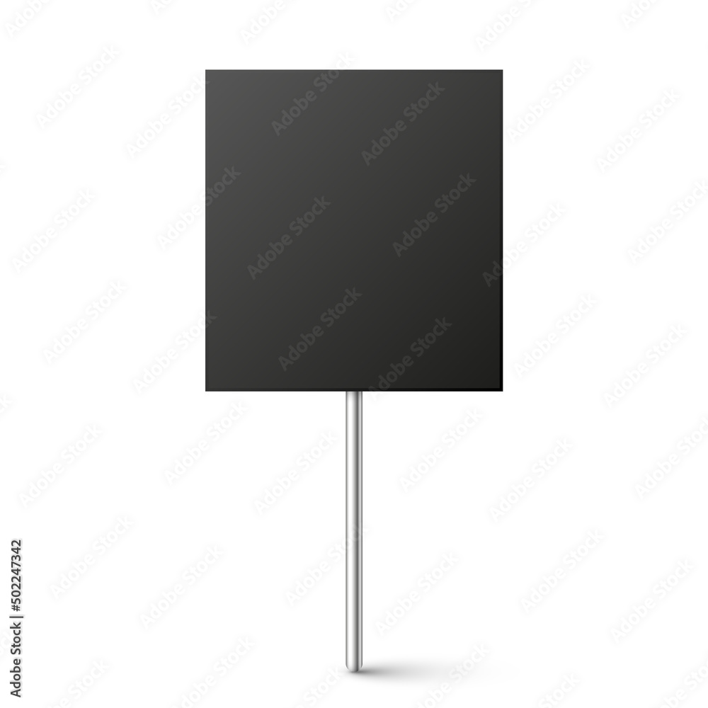 Black blank board with place for text, protest sign isolated on white background. Realistic demonstration or advertising banner. Strike action cardboard placard mockup. Vector illustration. Black blank board with place for text, protest sign isolated on white background. Realistic demonstration or advertising banner. Strike action cardboard placard mockup. Vector illustration.