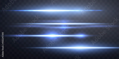 Blue horizontal lens flares set. Isolated on transparent background. Sun flash with rays or gold spotlight and bokeh. Blue glow flare light effect. Vector illustration
