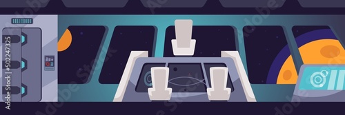 Spaceship interior, cockpit room with chairs and control panels, flat vector illustration.