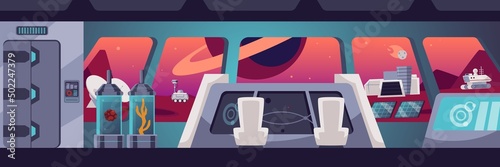 Cabin of the spacecraft. Fantasy spaceship interior, vector flat illustration. Astronomical technologies.