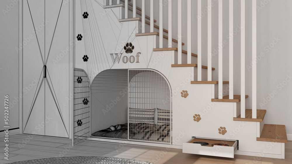 Architect interior designer concept: hand-drawn draft unfinished ...