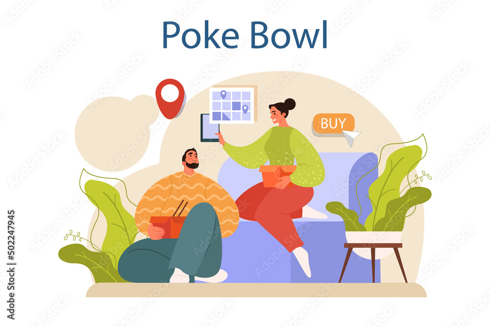 Fototapeta premium Poke bowl. Fresh healthy food with salmon, tuna or shrimp toppings.
