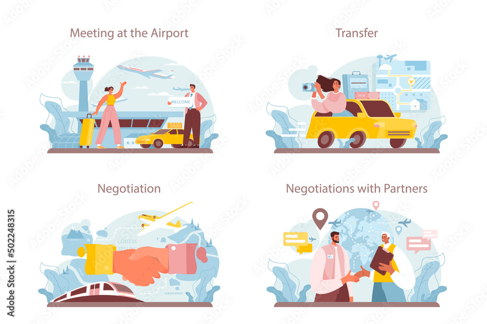 Travel agency service set. Transfer, tourists transportation from airport