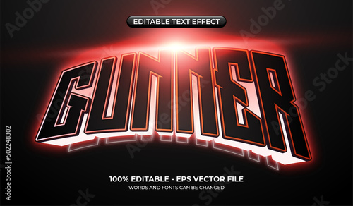 Glowing gunner text effect. 3d gamer graphic styles with neon light
