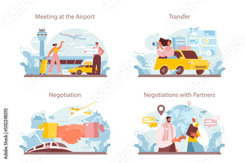 Travel agency service set. Transfer, tourists transportation from airport