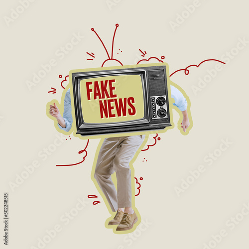 Contemporary art collage. Man with retro TV set head dancing, spreading fake news isolated over grey background photo