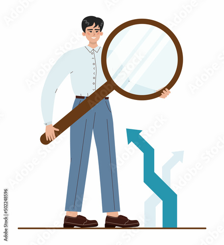 Asian businessman holding a magnifying glass. Character wearing business casual