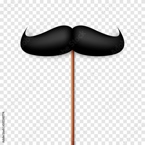Realistic black mustache on a wooden stick. Fake paper mustache isolated on white background. Fashionable facial hair. Vintage design element. Creative vector illustration.