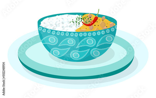 Chicken curry. Delicious spicy indian dish garnished with curry leaves